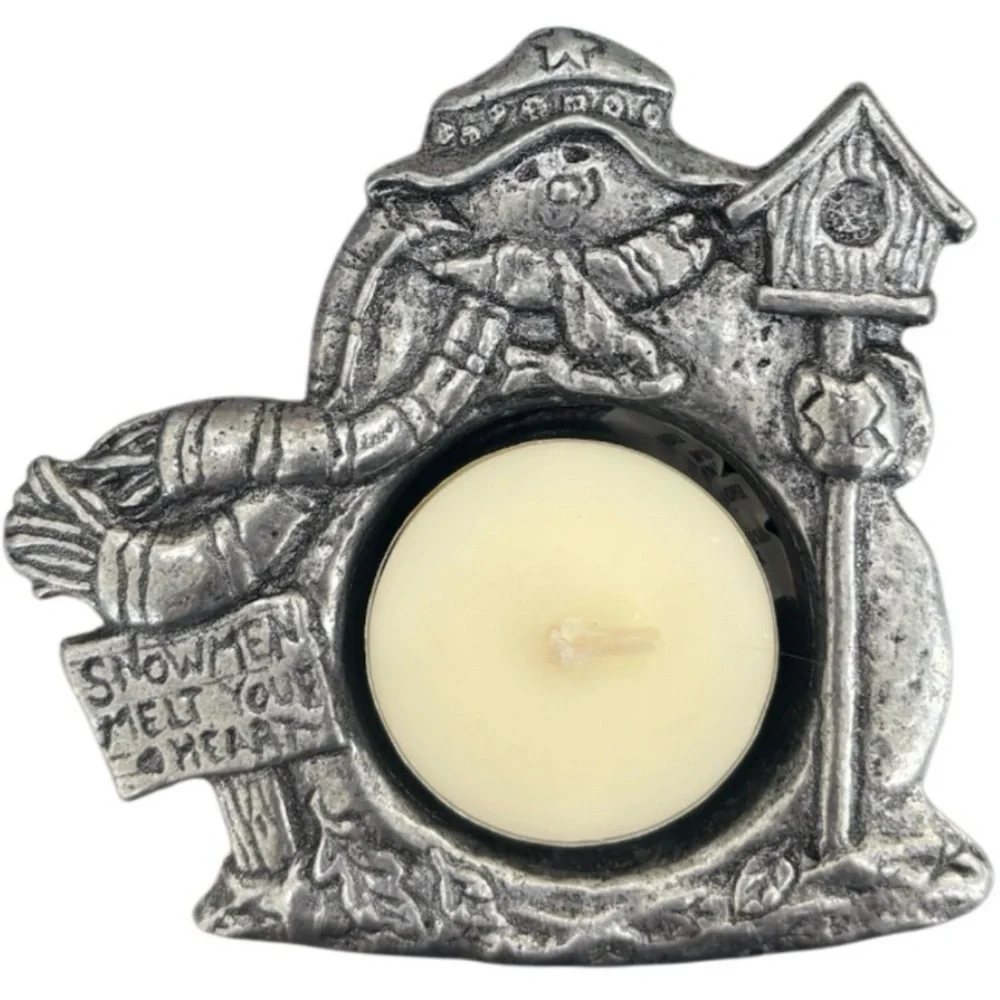 Vintage Pewter Candle Holder Snowman Christmas Winter Tea Light 90s Retro Carson